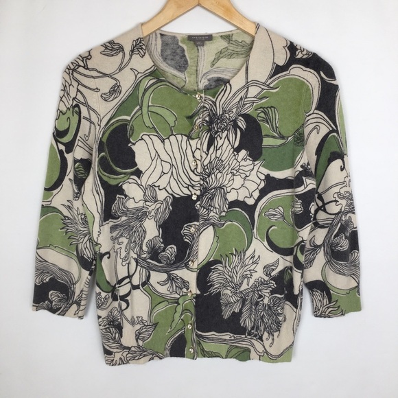 Ann Taylor Sweaters - Ann Taylor Lambswool Angora Blend Cardigan Sweater Green Floral Women’s Size LP